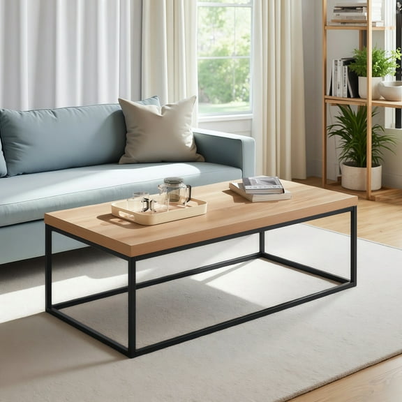 Censi 47" Large Natural Oak Coffee table for Living Room, Light Wood, Rectangle Modern Industrial, Wood and Metal, Extra thick tabletop