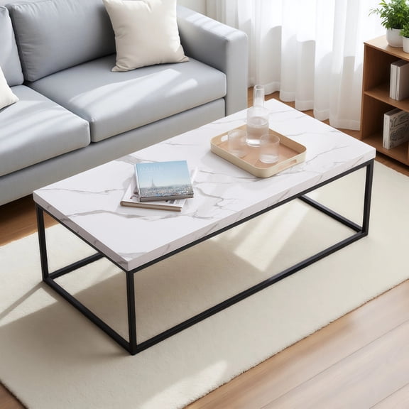 Censi 47-Inch White Marble Coffee Table Ottoman Center Table for Living Room, Rectangle Modern Industrial Style,Wood and Metal (Marble)