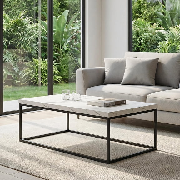 Censi 47-Inch White Marble Coffee Table Ottoman Center Table for Living Room, Rectangle Modern Industrial Style,Wood and Metal (Marble)