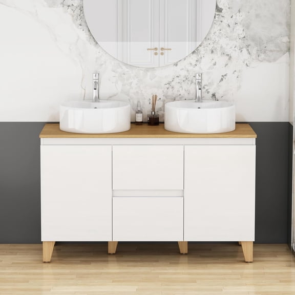 Censi 47″ Mid-century Modern Bathroom Vanity Cabinet with 2 Basins Combo, 2 Doors and 2 Big Drawer, Soft-Clost System, Solid Wood Countertop, High Glossy White Painted Finish