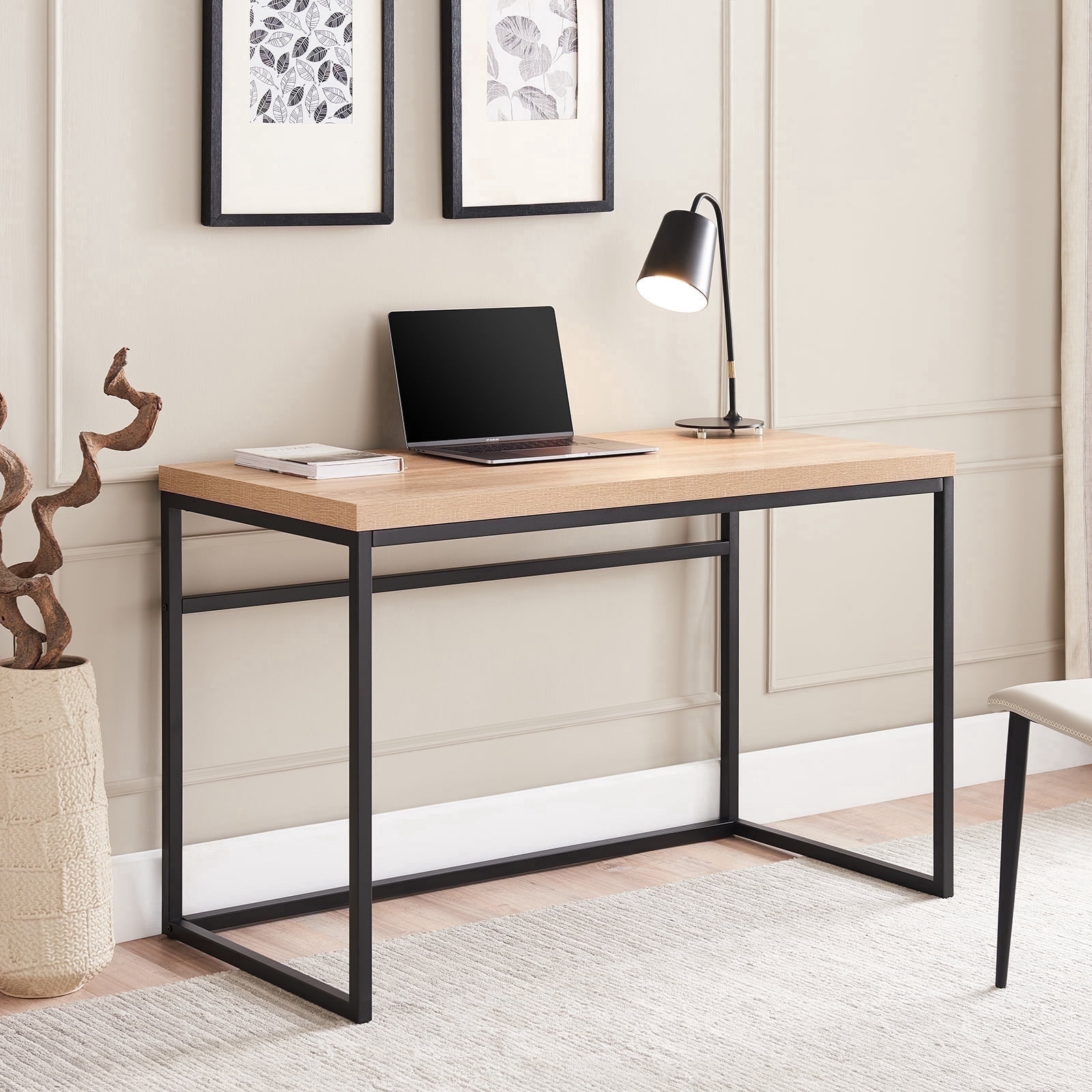 CENSI 47" Computer Desk, Modern Industrial Writing Table with 1.6" Thick Wood Top, Sturdy Metal Frame Home Office Workstation for Study, Bedroom & Living Room, Natural Oak