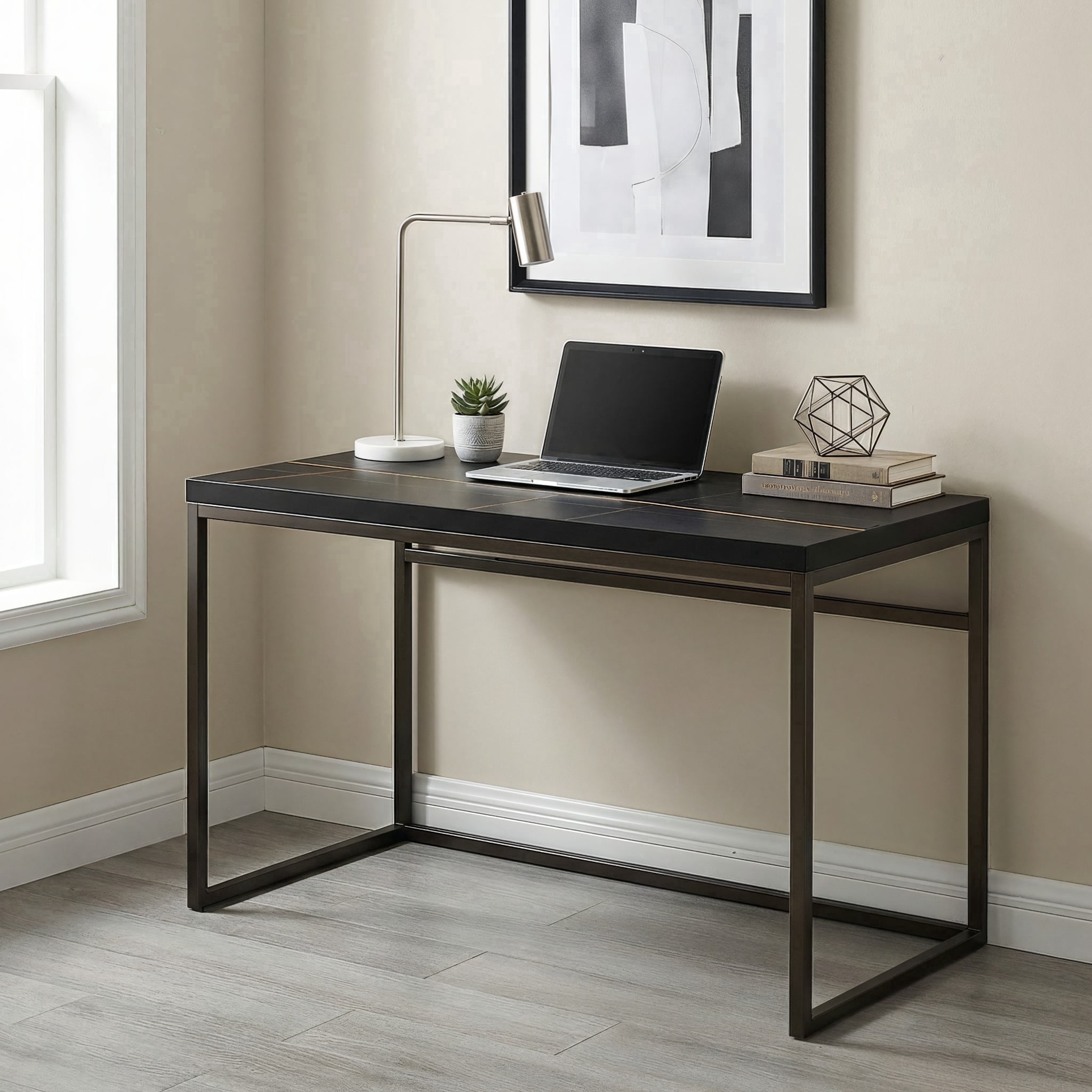 Censi Black Marble Writing Computer Desk, 47 Inch Home Office Desk, Wood and Metal, Modern Industrial Style (Black Marble)