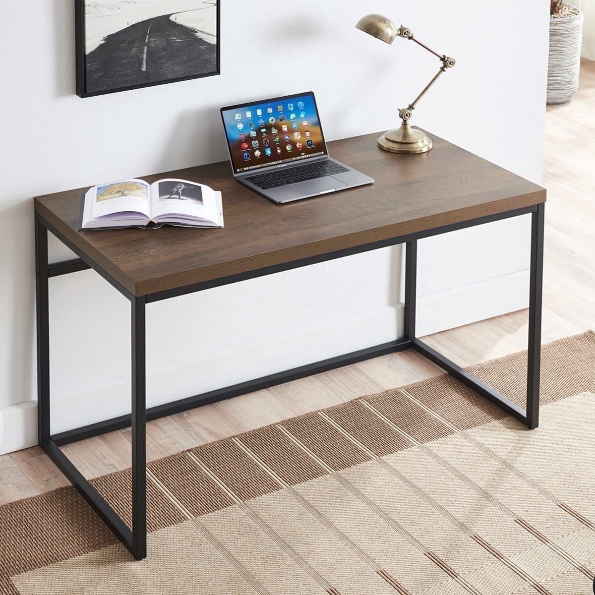 CENSI 47" Computer Desk, Modern Industrial Writing Table with 1.6" Thick Wood Top, Sturdy Metal Frame Home Office Workstation for Study, Bedroom & Living Room, Walnut