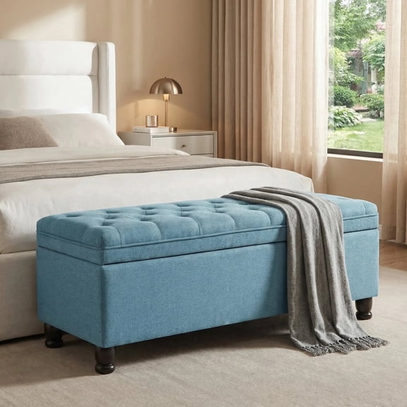Censi Large Fabric Storage Ottoman Bench, Button Tufted Rectangular Footrest for Bedroom and Entryway, 44.5", Blue