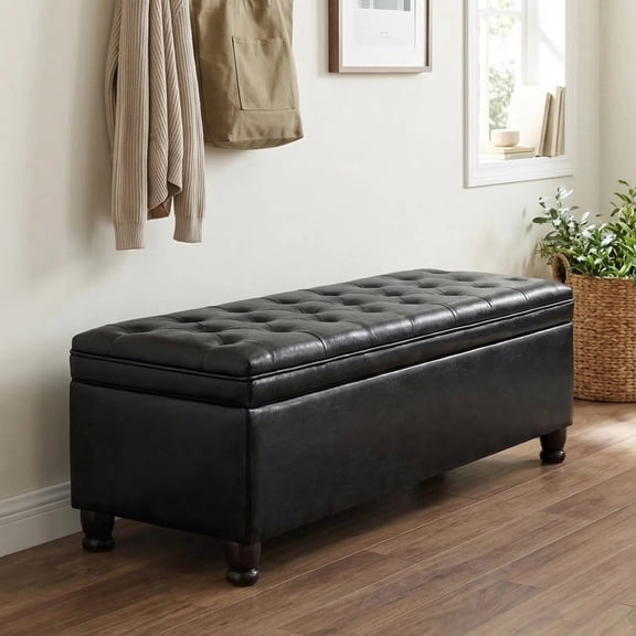 Censi Large Faux Leather Storage Ottoman Bench, Button Tufted Rectangular Footrest for Bedroom and Entryway, 44.5", Black