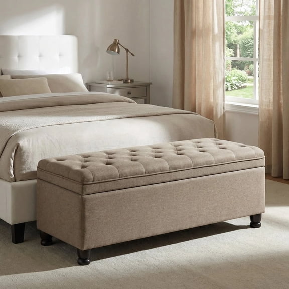 Censi Large Upholstered Storage Ottoman Bench, Button Tufted Fabric Footrest for Entryway and Bedroom, 44.5", Beige