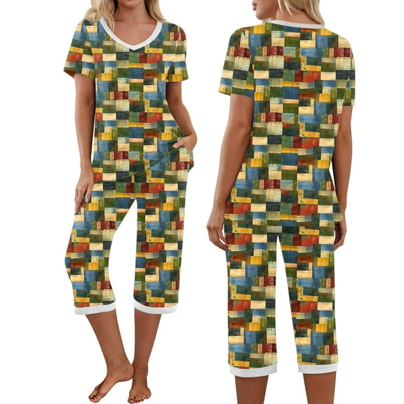 Censtreet 2 Piece Womens Pajamas V Neck Short Sleeve Top and Long Pants Pjs Print Lounge Set Sleepwear