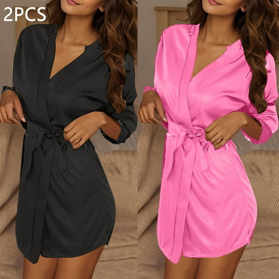Censtreet 2PCS Women's Casual Short Kimono Robe Silky Satin Bathrobe Bride Bridesmaids Getting Ready Sleepwear Soft Nightgown