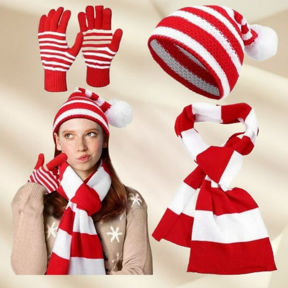 Censtreet 3 Pieces Christmas Knitted Hat Scarf 3-Piece Set Decoration Set Head Hat Red Multiple choices for families