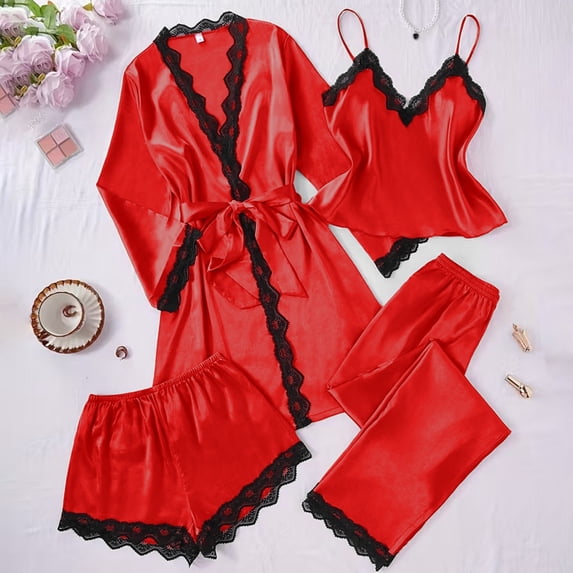 Censtreet 4PCs Womens Satin Silky Pajama Set Top and Long Pants Loungewear Camisole Top and Shorts Sleepwear