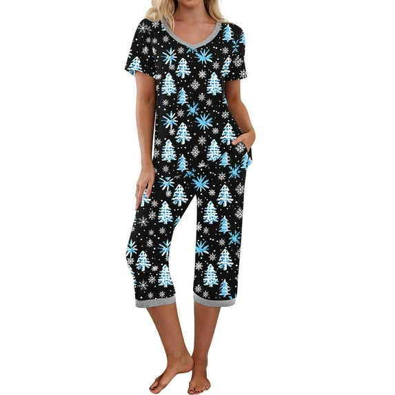 Censtreet Christmas Women's Pajama Set Short Sleeve Shirt and Capri Pants Sleepwear Pjs Sets with Pockets Multiple choices for families