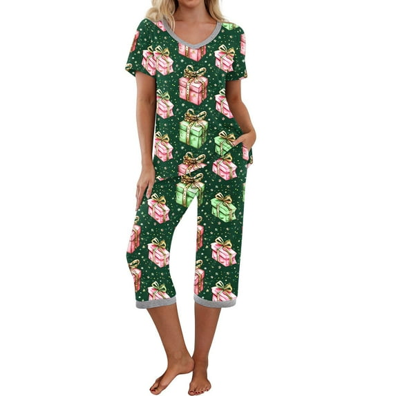 Censtreet Christmas Women's Pajama Set Short Sleeve Shirt and Capri Pants Sleepwear Pjs Sets with Pockets Multiple choices for families