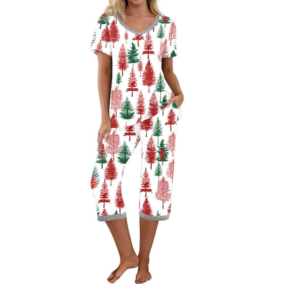 Censtreet Christmas Women's Pajama Set Short Sleeve Shirt and Capri Pants Sleepwear Pjs Sets with Pockets Multiple choices for families