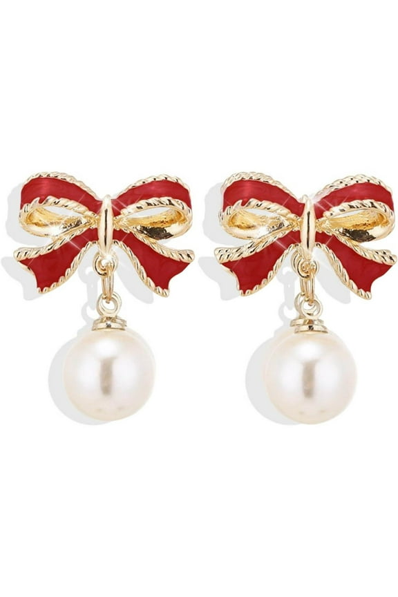 Gold Bow Earrings for Women, Trendy Small Bow Earrings, Ribbon Waterfall Dangling Earrings, Pearl Bow Earrings, Sparkly Elegant Bowknot Preppy Jewelry Gifts for Women