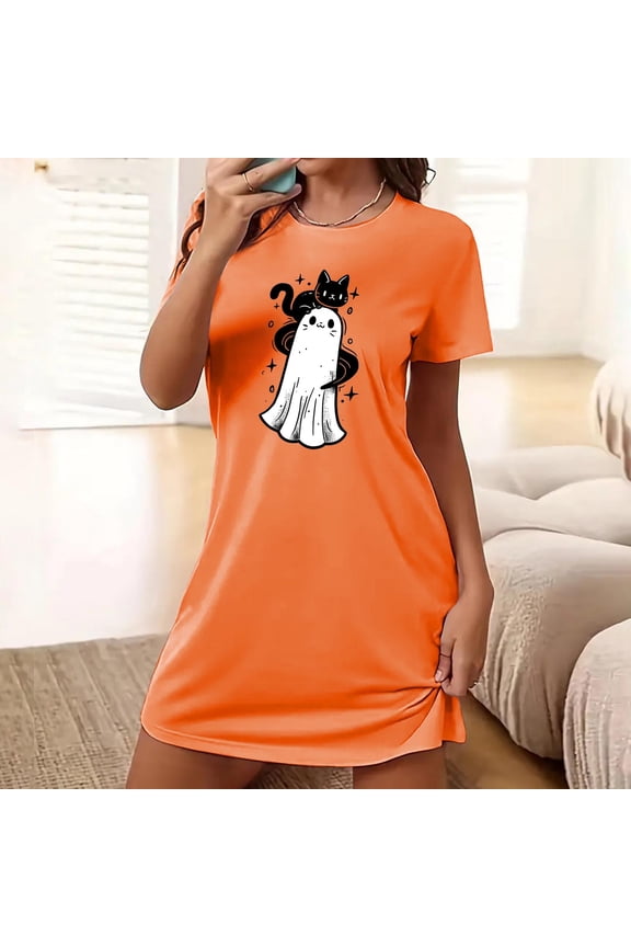 Halloween Sleep Shirts for Women Short Sleeve Night Shirts for Sleeping Pullover Nightgown Soft Nightdress
