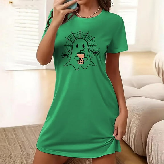 Censtreet Halloween Sleep Shirts for Women Short Sleeve Night Shirts for Sleeping Pullover Nightgown Soft Nightdress