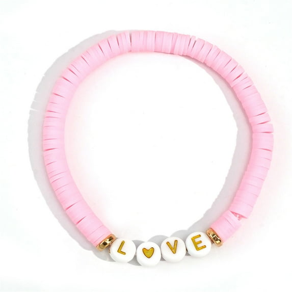 Censtreet Hot Pink Bracelet Stackable Valentine's Day Beaded Love Heart Charm Stretch Bracelet Holiday Letter Bracelets Festive Jewelry Gifts for Women