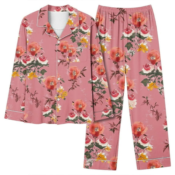 Censtreet Long Sleeved Printed Sleepwear Set for Women,Lapel Comfortable Personalized Pajamas Home Set,Daily Sleepwear Loungewear
