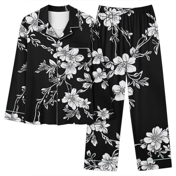 Censtreet Long Sleeved Printed Sleepwear Set for Women,Lapel Comfortable Personalized Pajamas Home Set,Daily Sleepwear Loungewear