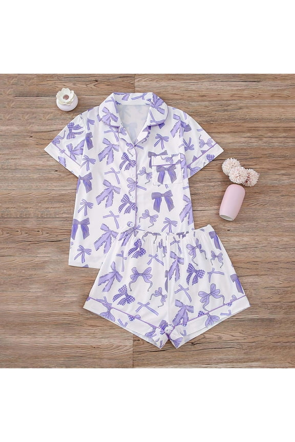 Men's 2 Piece Pajama Set Bow Graphic Button Down Short Sleeve Lapel Shirt Pj Short Set