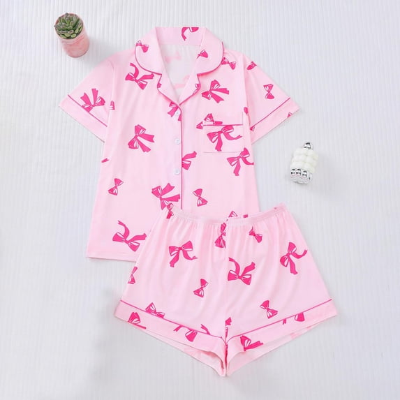 Censtreet Men's 2 Piece Pajama Set Bow Graphic Button Down Short Sleeve Lapel Shirt Pj Short Set