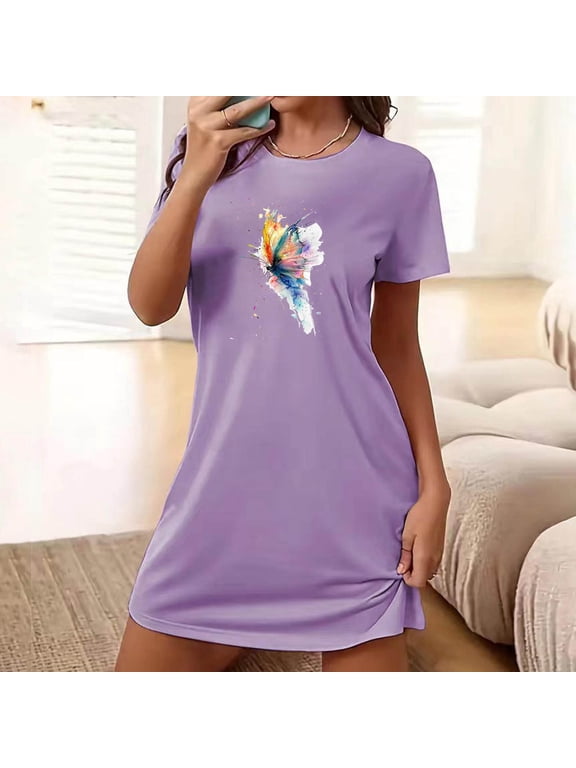 Nightgowns for Women Pleated Sleep Shirts Short Sleeve Night Shirts Night Gown Ladies Sleep Dress