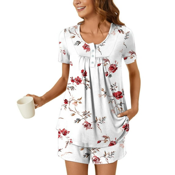 Censtreet Pajama Set for Women 2 Piece Lounge Set Short Sleeve Tops and Shorts Soft Sleepwear