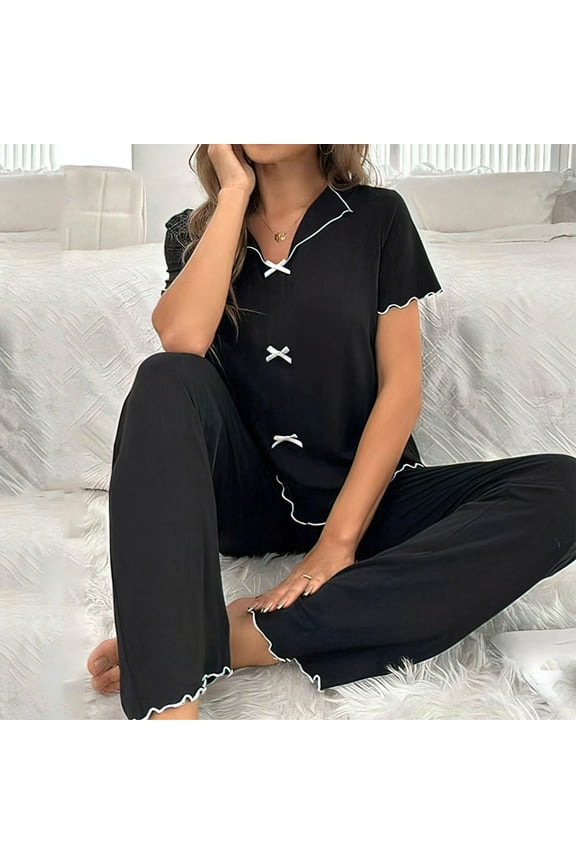 Pajama Sets For Women 2 Piece Short Sleeve Pj Sets With Long Printed Pants Sleepwear Casual Loose Lounge Sets