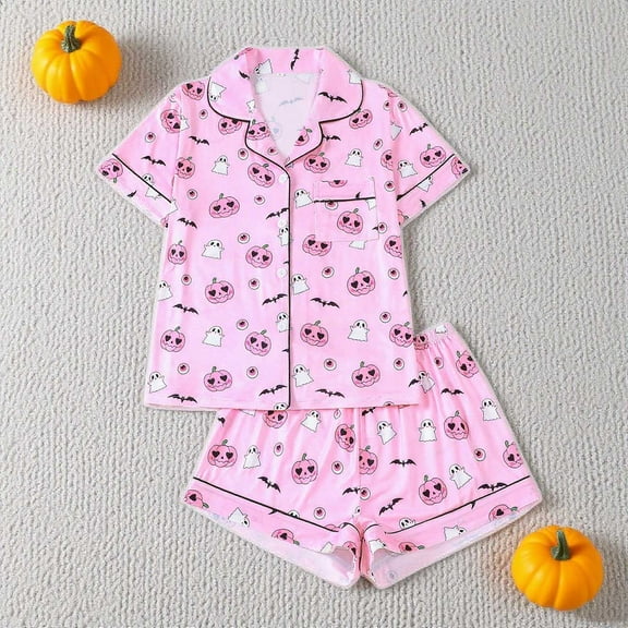 Censtreet Pajamas Set for Women Short Sleeve Sleepwear Halloween Button Down Pjs Soft 2 Piece Lounge Sets S-XXL
