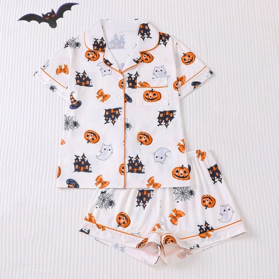 Censtreet Pajamas Set for Women Short Sleeve Sleepwear Halloween Button Down Pjs Soft 2 Piece Lounge Sets S-XXL