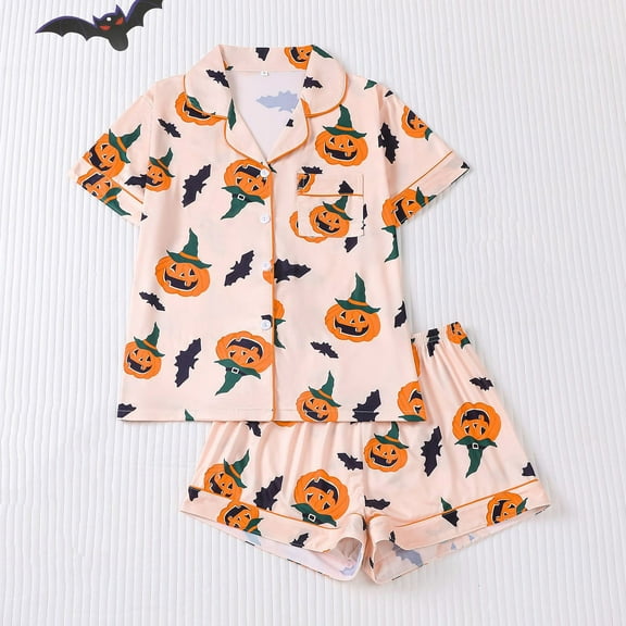 Censtreet Pajamas Set for Women Short Sleeve Sleepwear Halloween Button Down Pjs Soft 2 Piece Lounge Sets S-XXL