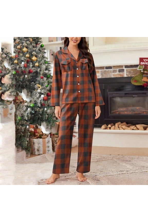 Plaid Pajama Sets for Women Soft Christmas Lounge Set Long Sleeve Pants Pj Set Loungewear Sleepwear
