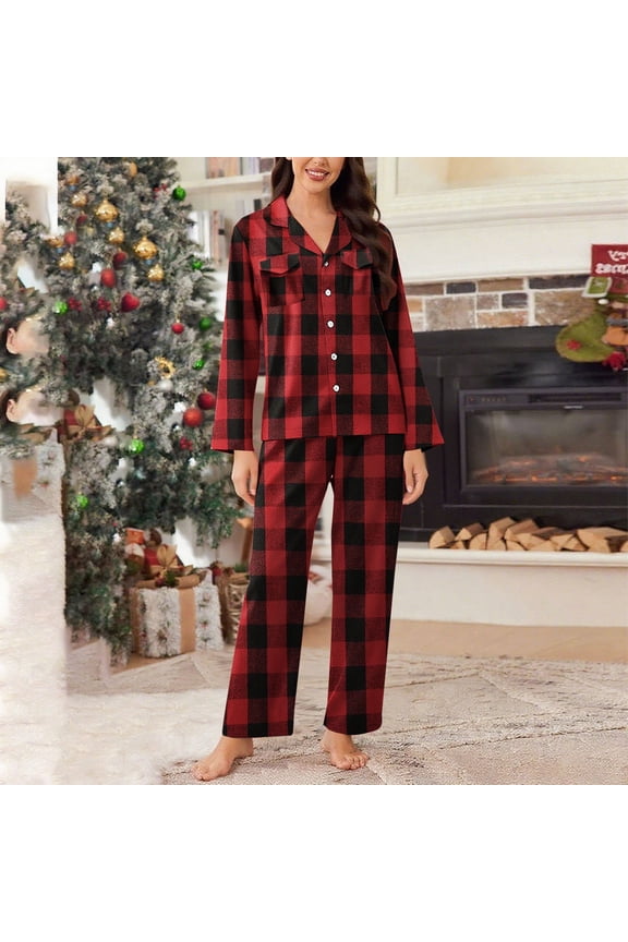 Plaid Pajama Sets for Women Soft Christmas Lounge Set Long Sleeve Pants Pj Set Loungewear Sleepwear