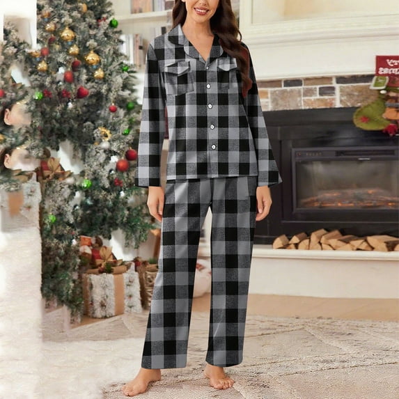 Censtreet Plaid Pajama Sets for Women Soft Christmas Lounge Set Long Sleeve Pants Pj Set Loungewear Sleepwear