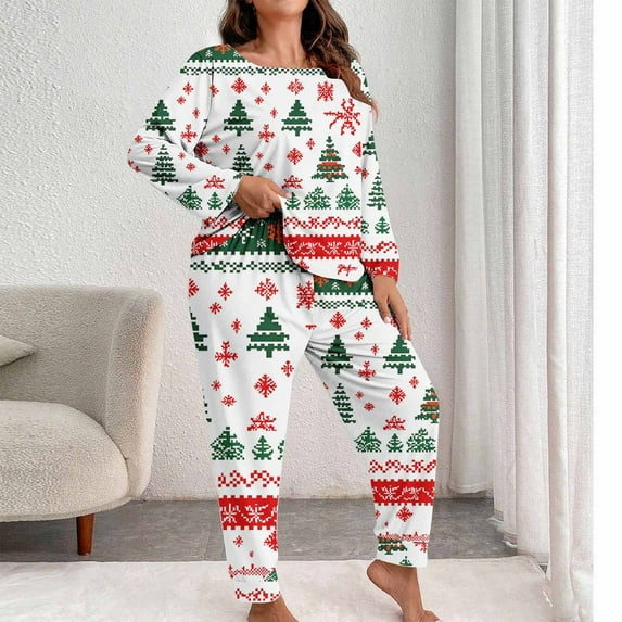 Censtreet Plus Size Christmas Pajamas,Women's Printed 2 Piece Pajama Set, Long Sleeve Sleepwear Pants Loungewear XL-5XL