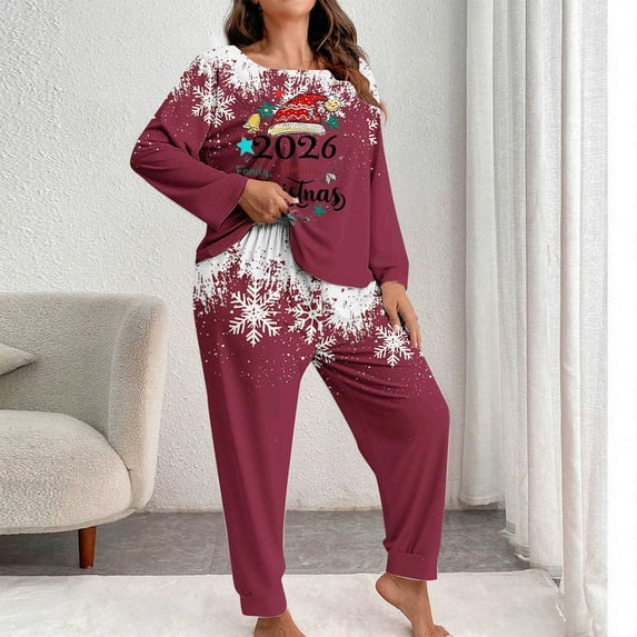Censtreet Plus Size Christmas Pajamas,Women's Printed 2 Piece Pajama Set, Long Sleeve Sleepwear Pants Loungewear XL-5XL