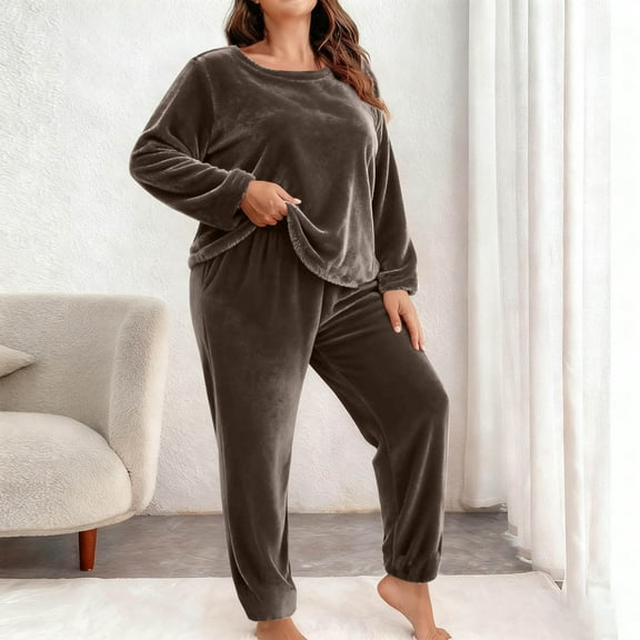 Censtreet Plus Size Women's Winter Pajama Set, 2 Piece Fleece Warm Pajamas, Long Sleeve Round Neck Top and Elastic Waist Pants