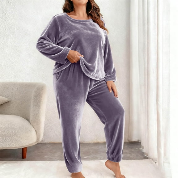 Censtreet Plus Size Women's Winter Pajama Set, 2 Piece Fleece Warm Pajamas, Long Sleeve Round Neck Top and Elastic Waist Pants
