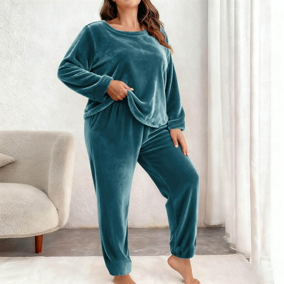 Censtreet Plus Size Women's Winter Pajama Set, 2 Piece Fleece Warm Pajamas, Long Sleeve Round Neck Top and Elastic Waist Pants