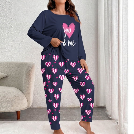 Censtreet Plus Size Womens Pajamas Set 2 Piece Pjs Heart Printed Loungewear Long Sleeve Sleepwear Fall & Winter XL-5XL