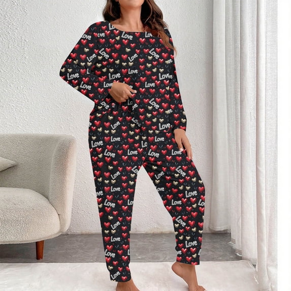Censtreet Plus Size Womens Pajamas Set 2 Piece Pjs Heart Printed Loungewear Long Sleeve Sleepwear Fall & Winter XL-5XL