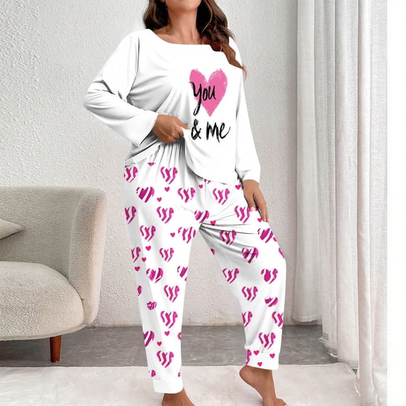 Censtreet Plus Size Womens Pajamas Set 2 Piece Pjs Heart Printed Loungewear Long Sleeve Sleepwear Fall & Winter XL-5XL