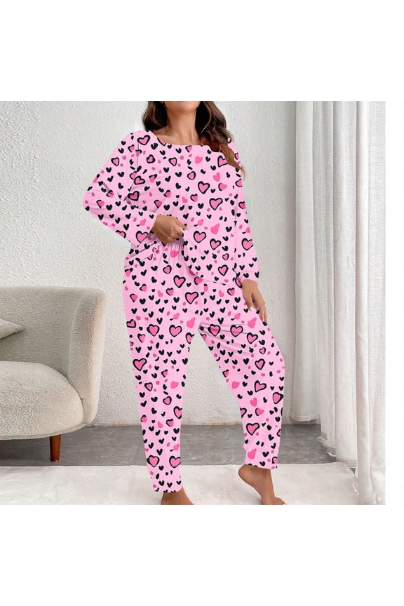 Plus Size Womens Pajamas Set 2 Piece Pjs Heart Printed Loungewear Long Sleeve Sleepwear Fall & Winter XL-5XL