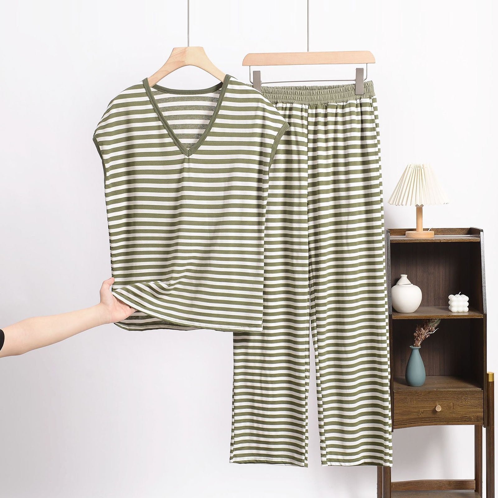 Plus Size Womens Striped Pajama Sets Soft Modal Pj Short Sleeve Top with Pants Sleepwear 2 Piece Print Loungewear,XL-8XL