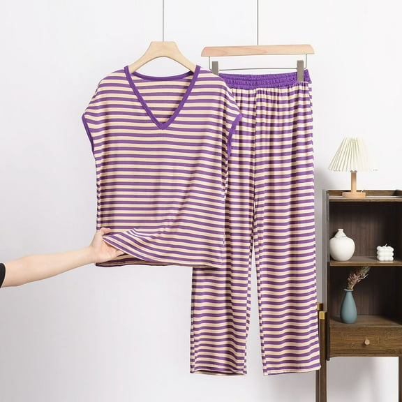 Censtreet Plus Size Womens Striped Pajama Sets Soft Modal Pj Short Sleeve Top with Pants Sleepwear 2 Piece Print Loungewear,XL-8XL