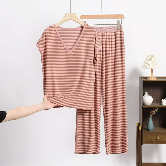 Censtreet Plus Size Womens Striped Pajama Sets Soft Modal Pj Short Sleeve Top with Pants Sleepwear 2 Piece Print Loungewear,XL-8XL