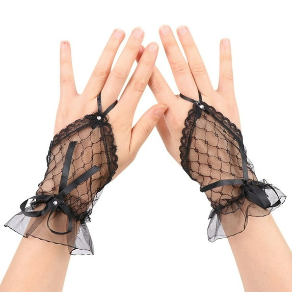 Censtreet Short Lace Mesh Gloves Tulle Border with Pearls Wedding Opera Tea Party Gloves for Women Formal