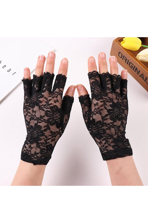 Short Lace Mesh Gloves Tulle Border with Pearls Wedding Opera Tea Party Gloves for Women Formal