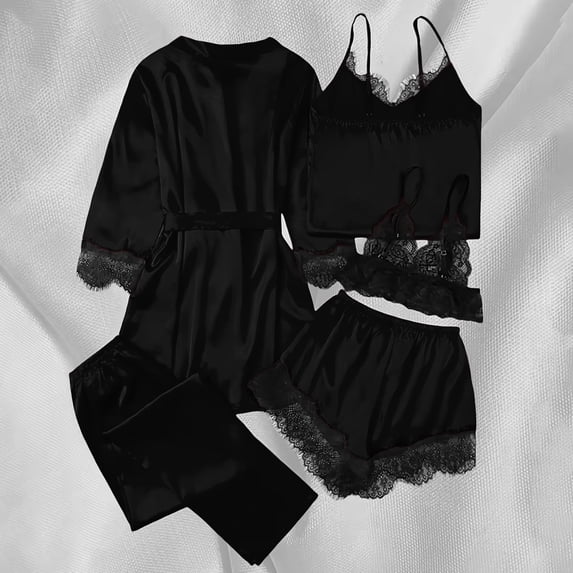 Censtreet Silk Pajamas for Women 5Pcs Sleepwear Loungewear Satin Robe Cami Shorts Pj Set