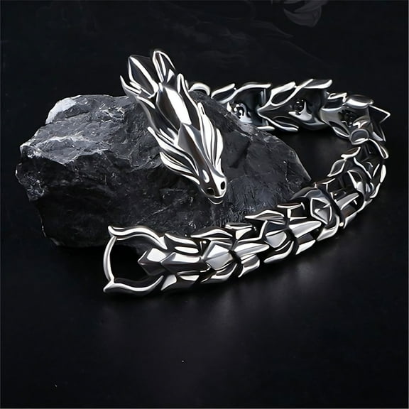 Censtreet Silvery Plated Ouroboros Link Bracelet for Men, Stainless Steel Link Chain Punk Norse Jewelry Gifts for Him Husband